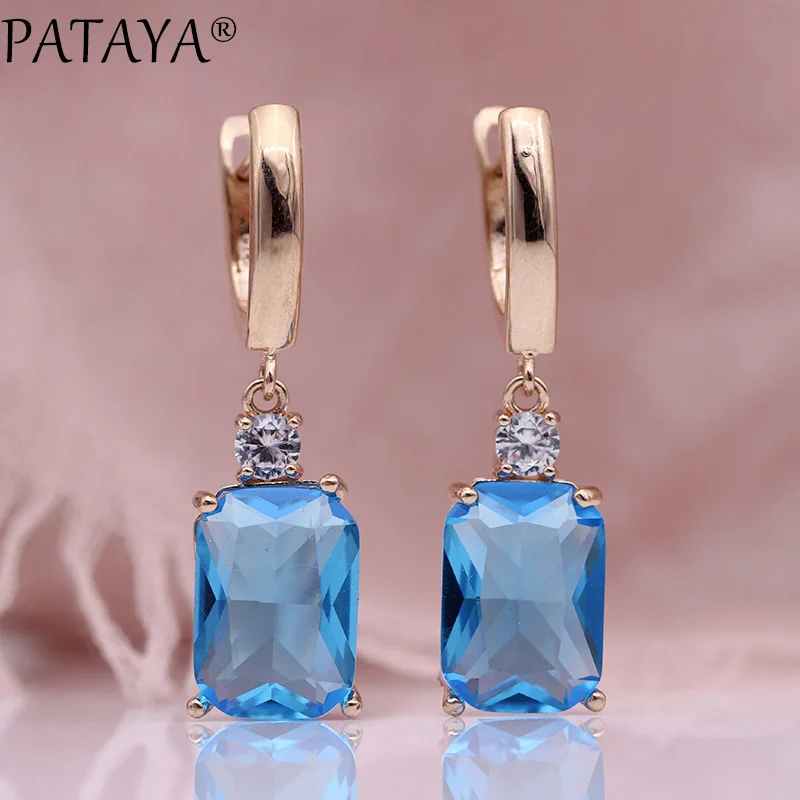 PATAYA New Square Dark Blue Long Earrings Women Wedding Jewelry 585 Rose Gold Color Multicolor Natural Zircon Dangle Earrings