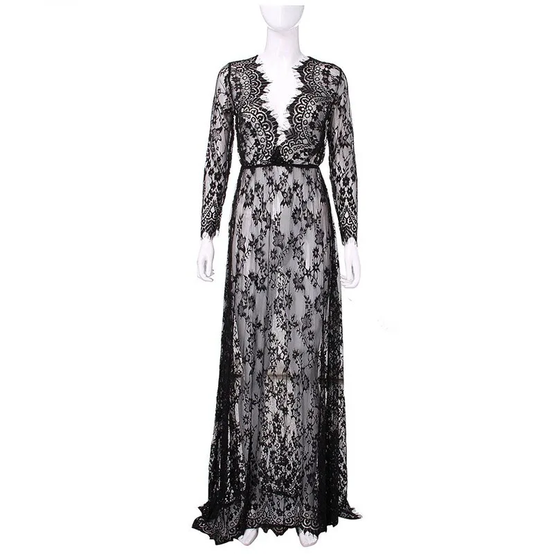 

Sexy Women Lace See Through 2019 Summer Evening Party Long Sleeve Dress Lace Floral Long Maxi Sundress
