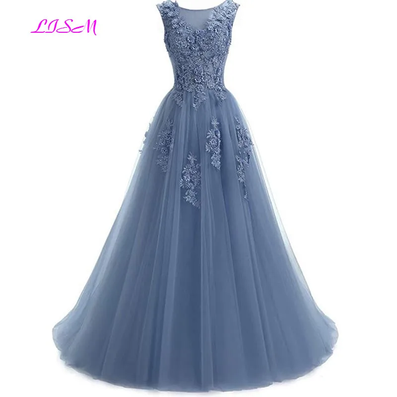 Lace Appliques Beaded Tulle Prom Dresses A-Line Sleeveless Evening Formal Dress Long Party Gowns vestidos de gala