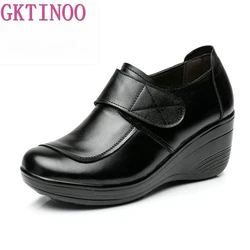 GKTINOO-Chaussures compensées en cuir véritable pour femmes, chaussures à plateforme décontractées, talons hauts à enfiler, Parker rond, printemps, automne, 2024