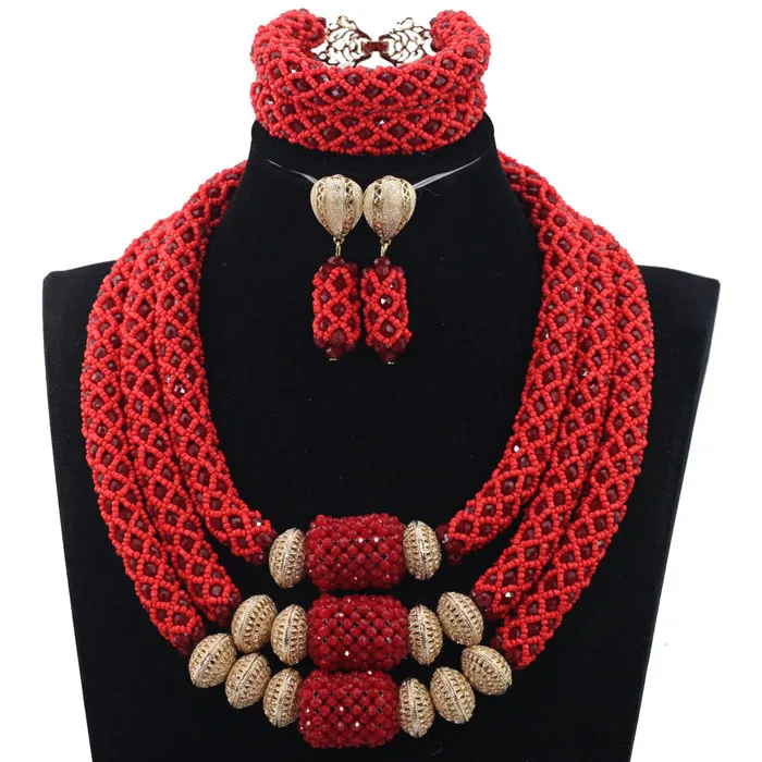 Indian Crystal Red African Beads Statement Jewelry Sets Bib Necklace Set Women Event Party Jewelry Set Free Shipping ABH460