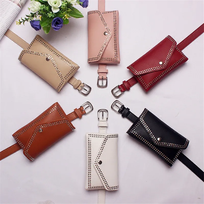 Mihaivin Women Rivet Waist Belt Pack Casual Waist Bag PU Leather Women Bags Travel Belt Wallets Fanny Bags Ladies Fit iphone13/+