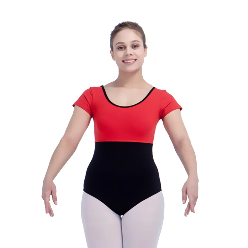 Retail Wholesale Red with Black Cotton/Lycra Short Sleeve Two-tone Tank Dance Leotard for Ladies and Girls