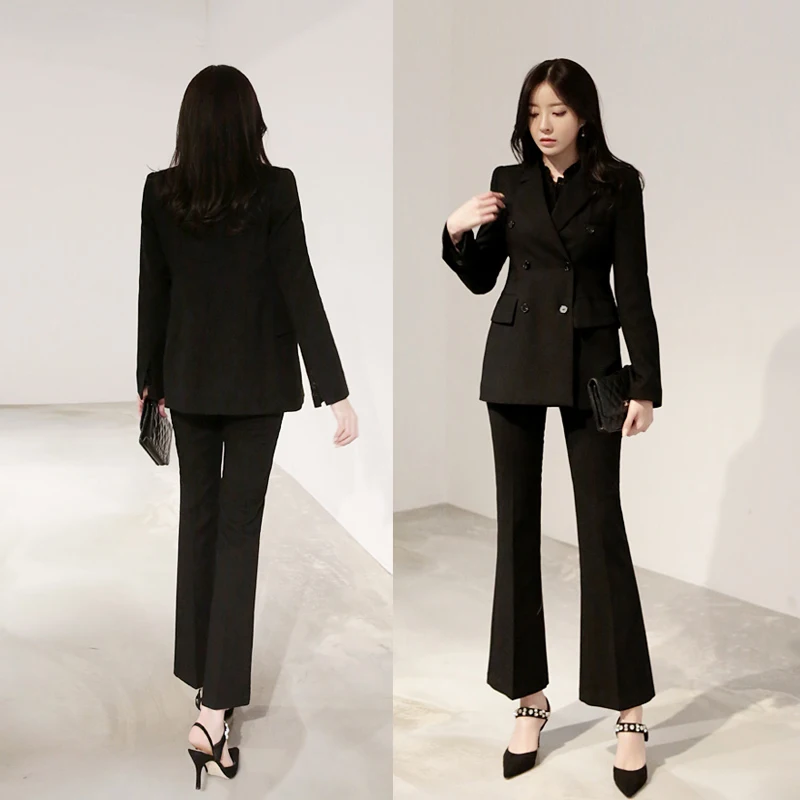 Spring and Autumn Slim Korean double-breasted small suit micro bell pants casual fashion suit office OL women's two-piece suit