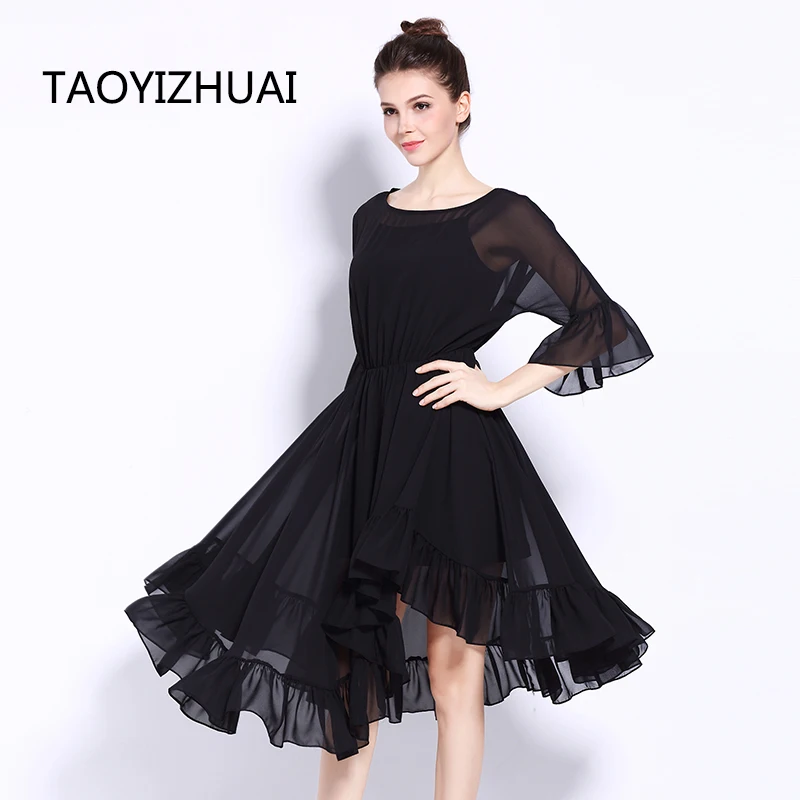 

TAOYIZHUAI Summer three quarter knee length butterfly sleeve draped O neck natural black casual style asymmetrical dress 11580