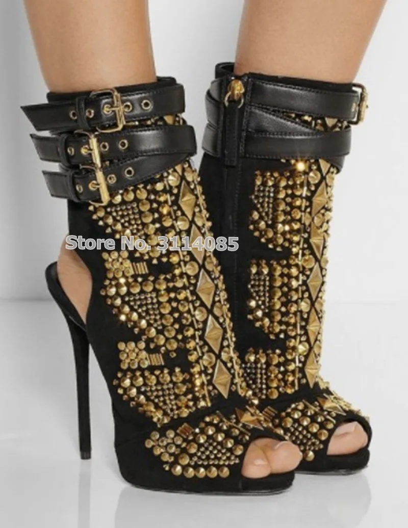 

Ladies Classic Punk Style Gold Studded Ankle Boots Buckle Strap Peep Toe Rivets Banquet Shoes Stiletto Heel Gladiator Boots