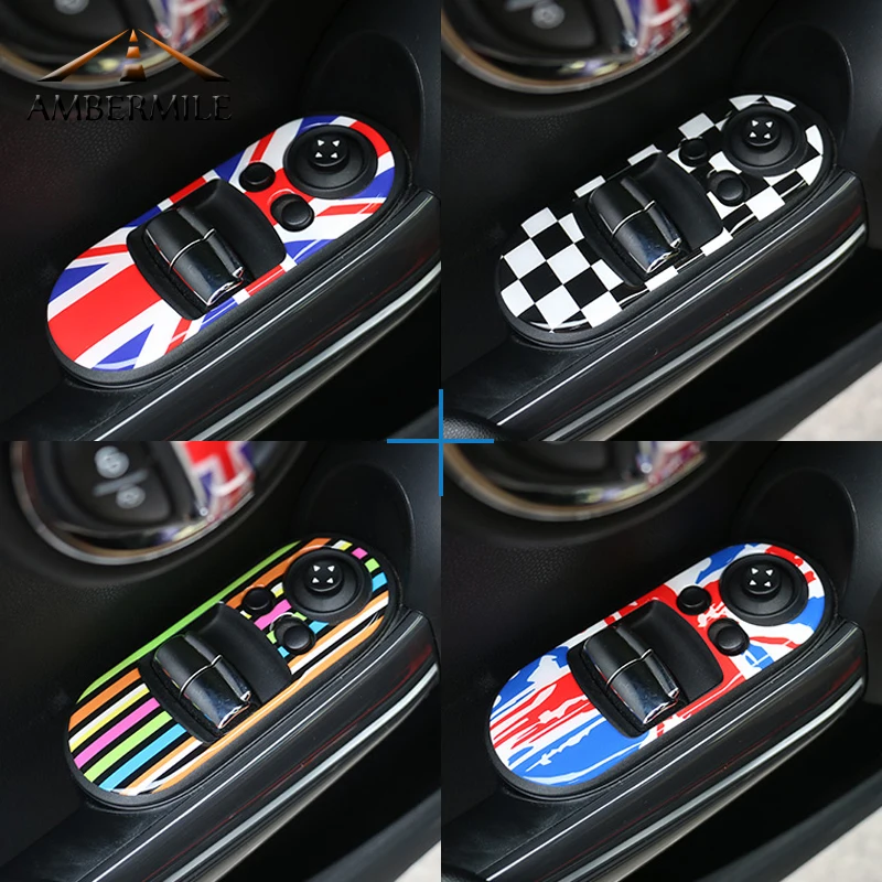 

AMBERMILE 2 шт./компл., аксессуары для Mini Cooper F56, Автомобильный Дверной стеклоподъемник, переключатель, панель управления, Чехлы, наклейки, наклейка, автомобильный Стайлинг