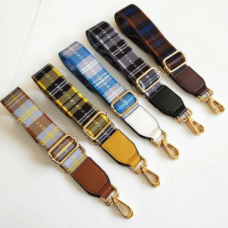New Canvas Adjustable Women Bag Strap Trendy Stripe Design Gold Buckle Lady Shoulder Straps Easy Matching Plaid Style Bag Belts