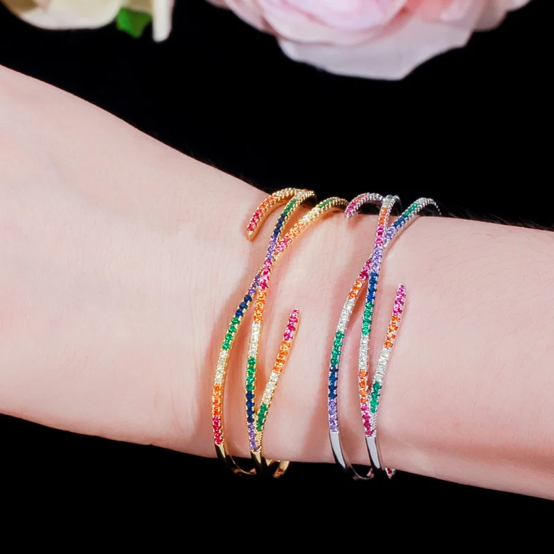 

Pera Exquisite Multicolor CZ Setting Geometric X Shape Cross Big Open Cuff Bnagles Baguette for Women Jewelry Accessories Z048