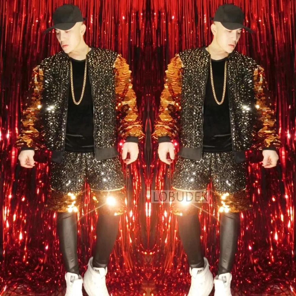 Men Orange Red Sequins Jacket Pants Suit 2 Piece Set Vocal Concert Performance Clothes Bar Nightclub Rock Hip Hop Singer Costume