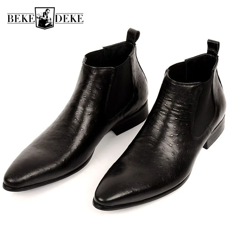 Brand Fashion Mens Ankle Boots Genuine Leather Comfortable Brown Black Pointed Toe Wedding Men Dress Shoes Chelsea Boots 37-44