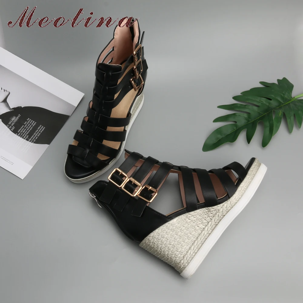 Meotina Gladiator Shoes 2019 Women Shoes Platform Wedges High Heel Sandals Rome Ladies Wedge Heels Zip Black White Plus Size 10 image 5