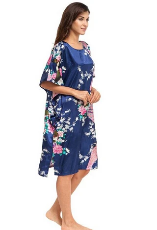 Bata de seda de rayón rosa para mujer, camisón de verano, bata de dormir, vestido de flores para el hogar, pavo real, talla grande 6XL, A-074