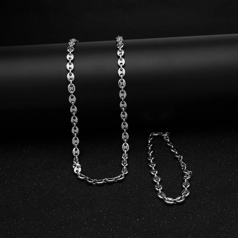 THE BLING KING 8mm Puffed Mariner Link Chain & Bracelet Set Gold silver color Hip Hop Punk Jewelry For Men 22.5cm and 55cm