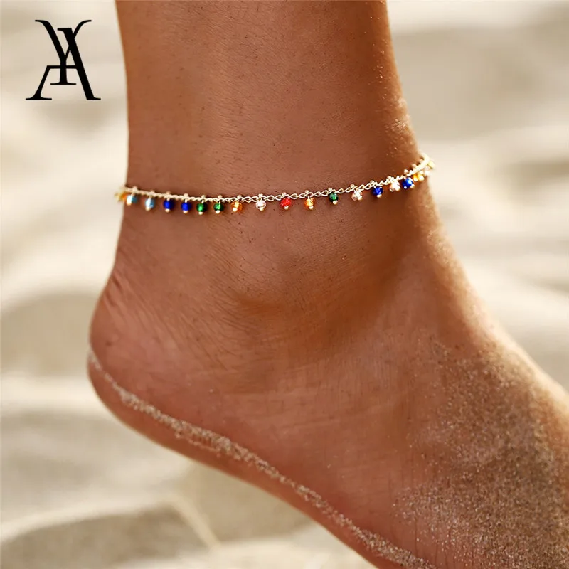 Fashion Colorful Crystal Beads Drop Ankle Bracelet Summer Ocean Beach Cowrie Shell Anklets for Women Foot Leg Bracelet Jewelry