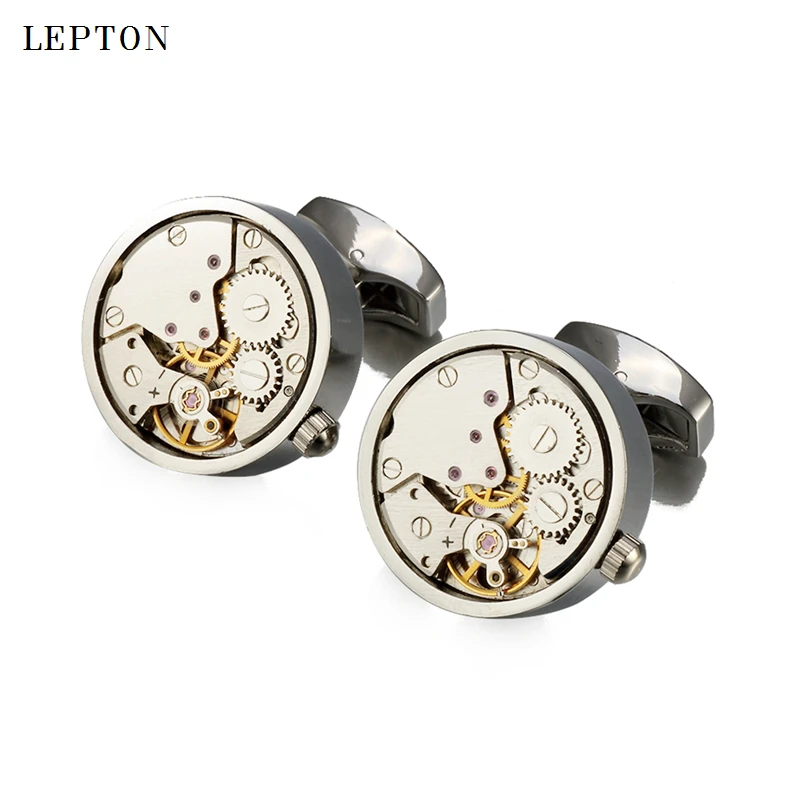 Hot Non-Functional Watch Movement Cufflinks For Mens Round Stainless Steel Silver Color Steampunk Gear Watch Mechanism Cufflink