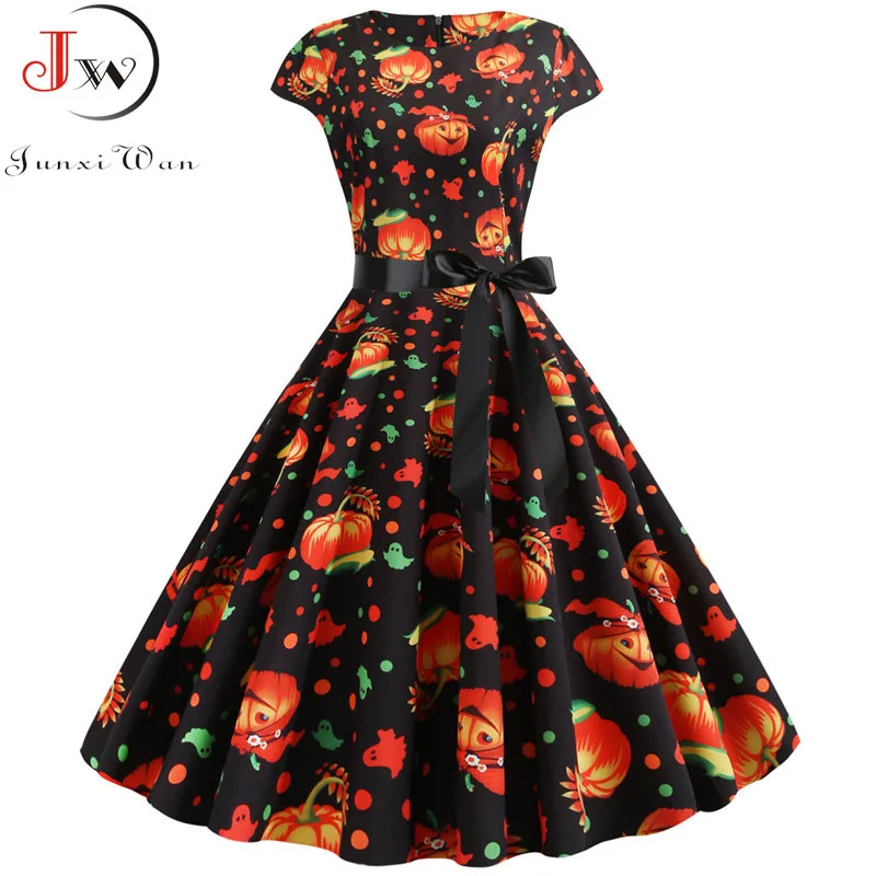 

Pumpkin Print Halloween Women 2022 Summer O Neck Short Sleeve Party Robe Femme Elegant Vintage Dresses