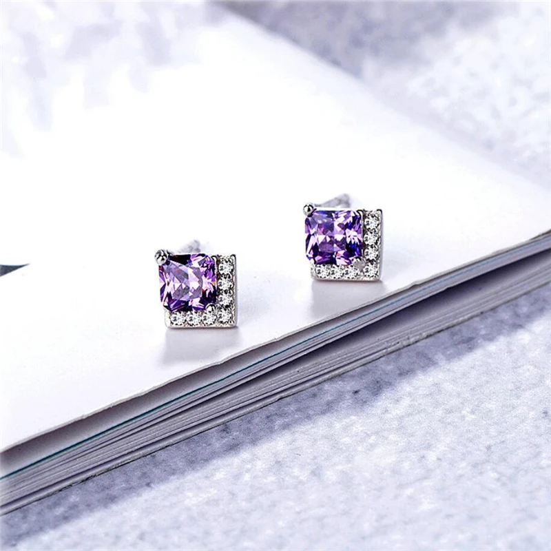 Sole Memory Creative Geometry Square Purple Crystal Silver Color Fashion Female Stud Earrings SEA585