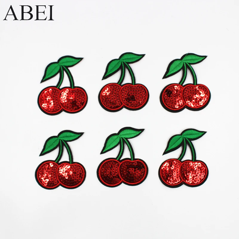 10pcs/lot Cherry Sequins Embroidered Patches Fruit Iron On Patch Sew On Appliques Motif Badge For Garment Stickers