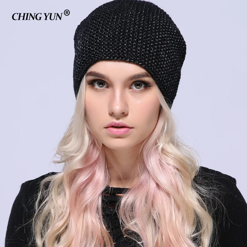 CHING YUN 2018 winter Knitted Skullies Warm hats for women Cashmere knit beanie hat female wool Fluffy lining Silver plated yarn