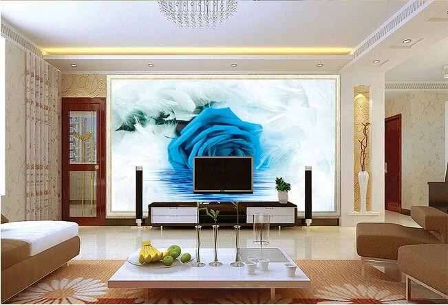 Custom papel DE parede 3 d, blue roses and feather murals for the sitting room the bedroom TV setting wall waterproof wallpaper