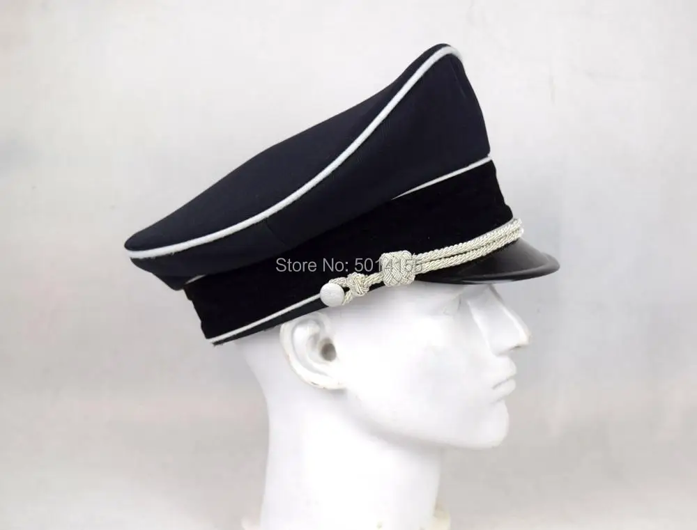 Cosplay German Elite Whipcord Officer Hat Cap W White Chin Pipe Silver Cord Black