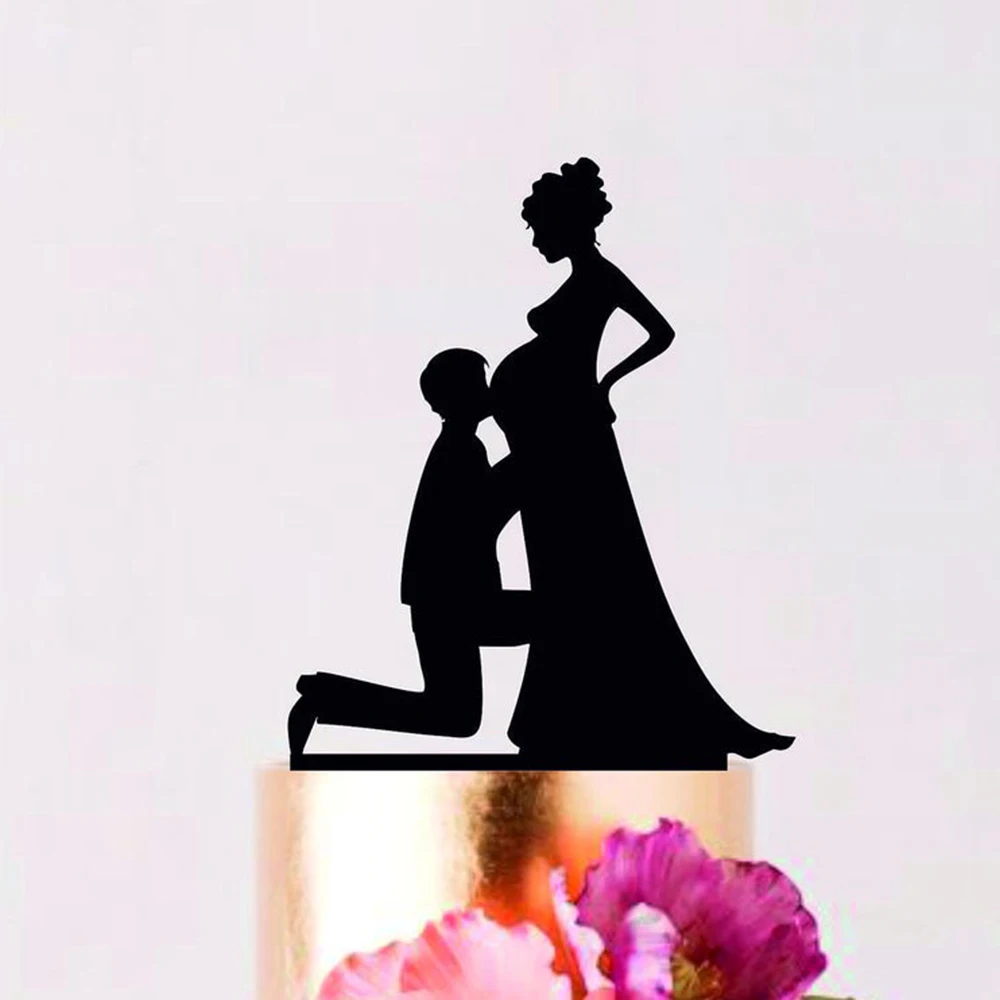 Topper de la torta de la boda de la novia embarazada, Topper de la torta de la Familia, una silueta del novio besando el vientre de la novia embarazada decoración de la boda