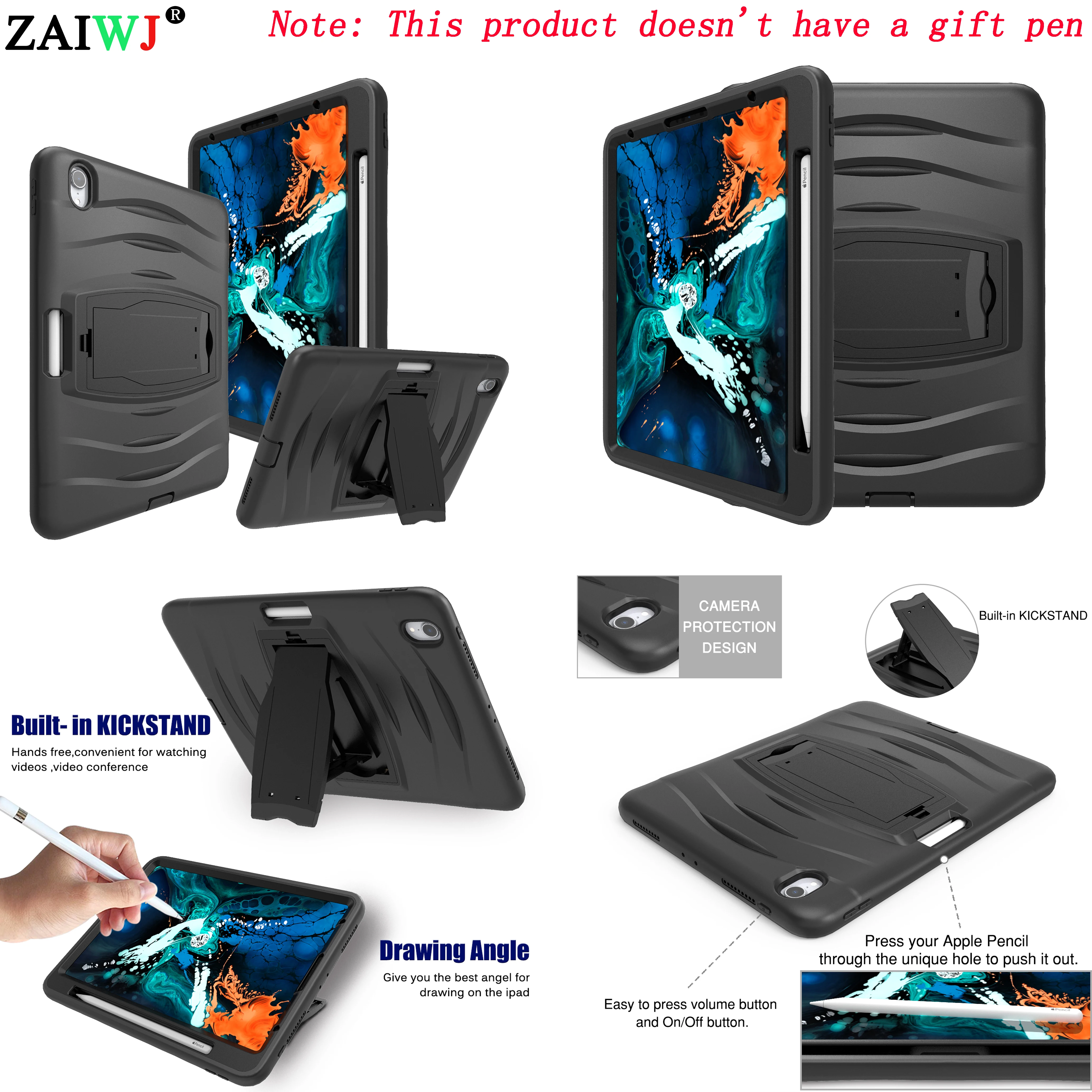 NEW 2018 With pen slot Case for Apple iPad Pro 11 inch , ZAIWJ Safe Kids Armor At Soft Shockproof Silicone + Hard Cover