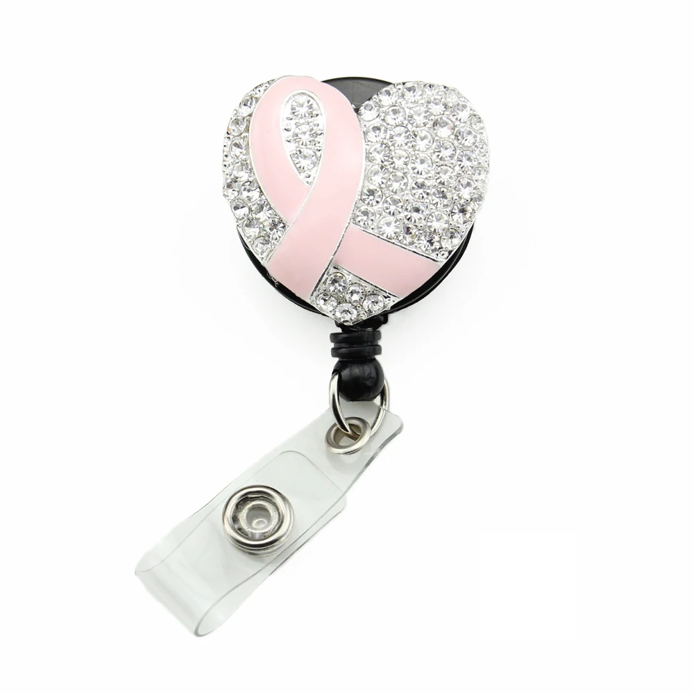 

Wholesale Rhinestone ID badge holder retractable reel - Pink Ribbon Heart for Breast Cancer Belt Clip