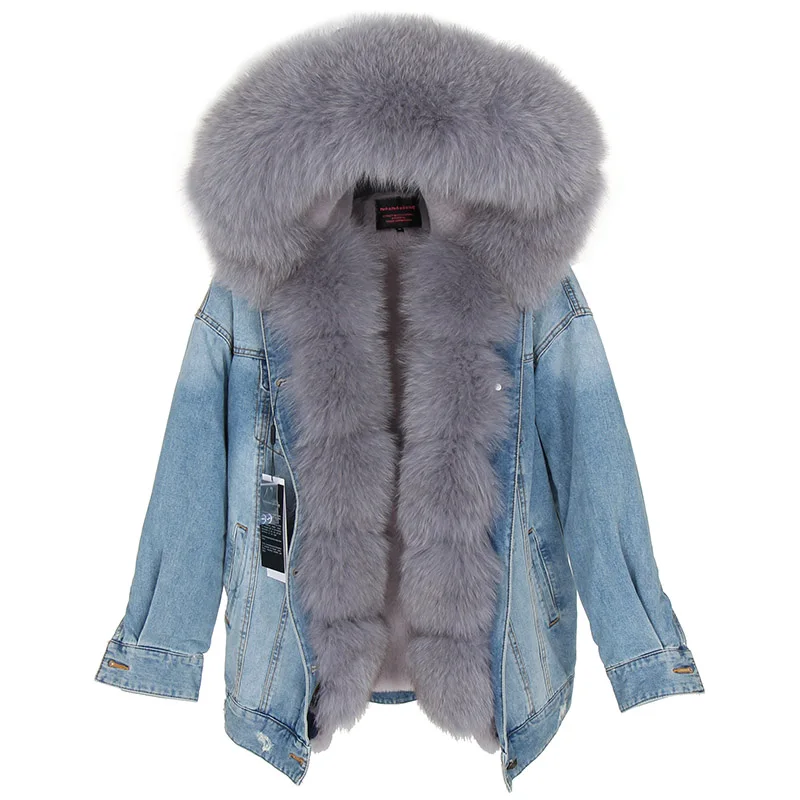 

2022 new Casual winter jacket women Holes denim jacket fur coat real Fox fur collar thick warm faux fur Liner parka