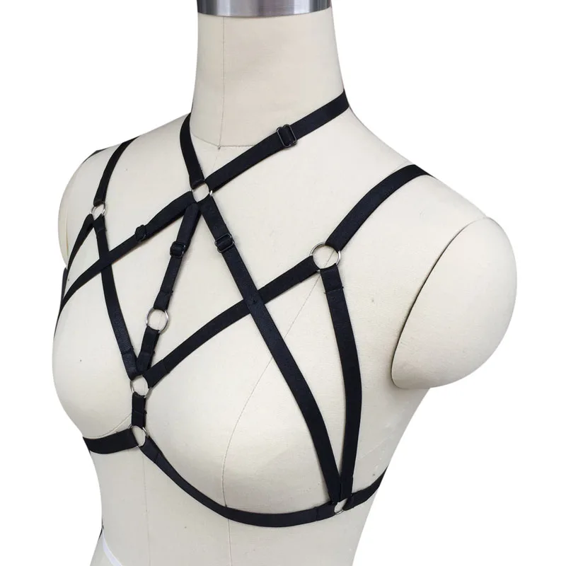 Women sexy around neck cage bra body harness belt fetish wear black cage bikini harajuku harness 90's night party underwear