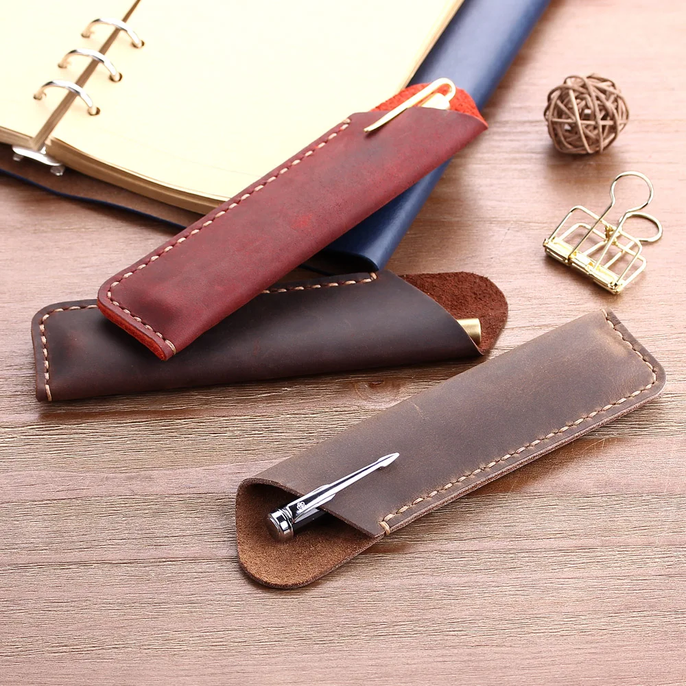 Personalise Handmade Genuine Leather Fountain Double Pen Bag Soft Pencil Protective Sleeve Cover