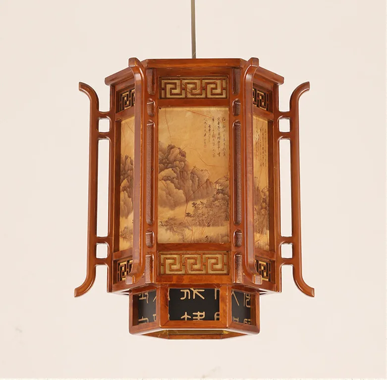 New Chinese style coffee carved wood art Pendant Lights retro landscape painting lamp for balcony&corridor&porch&stairs MYR007