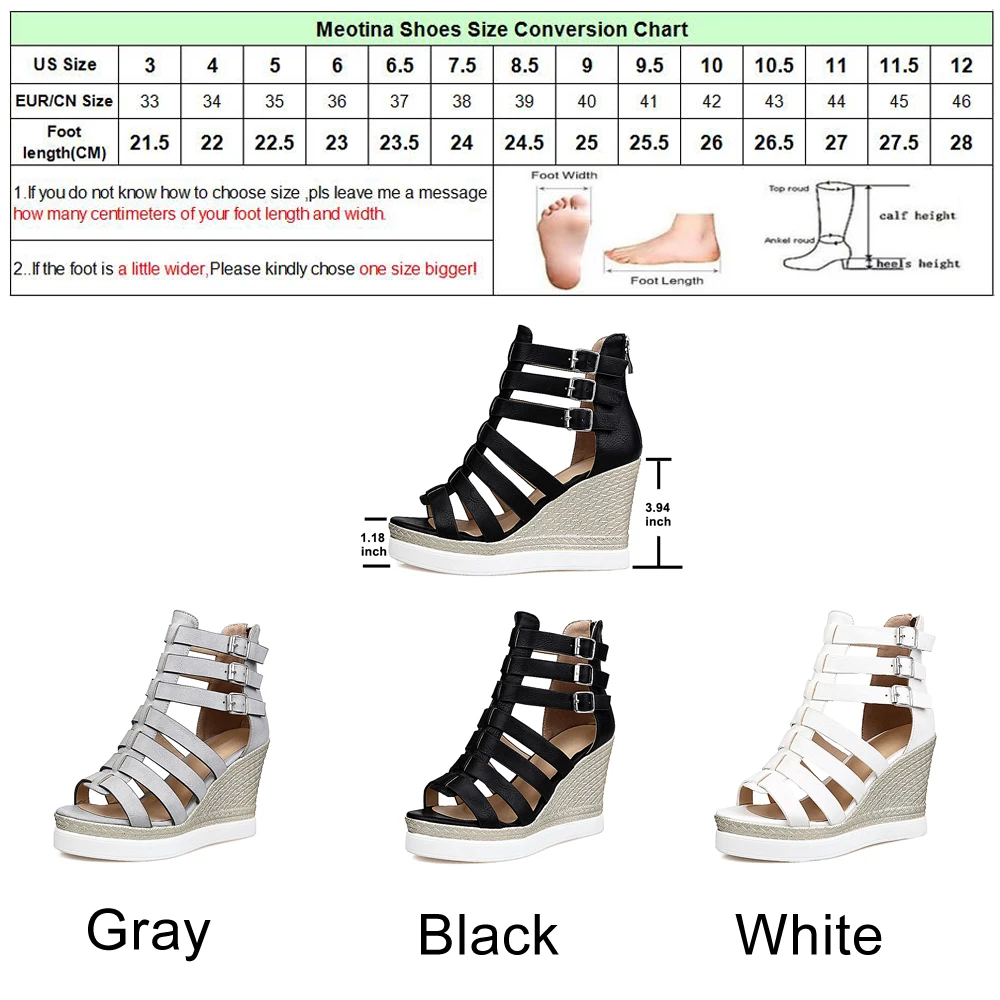 Meotina Gladiator Shoes 2019 Women Shoes Platform Wedges High Heel Sandals Rome Ladies Wedge Heels Zip Black White Plus Size 10 image 6