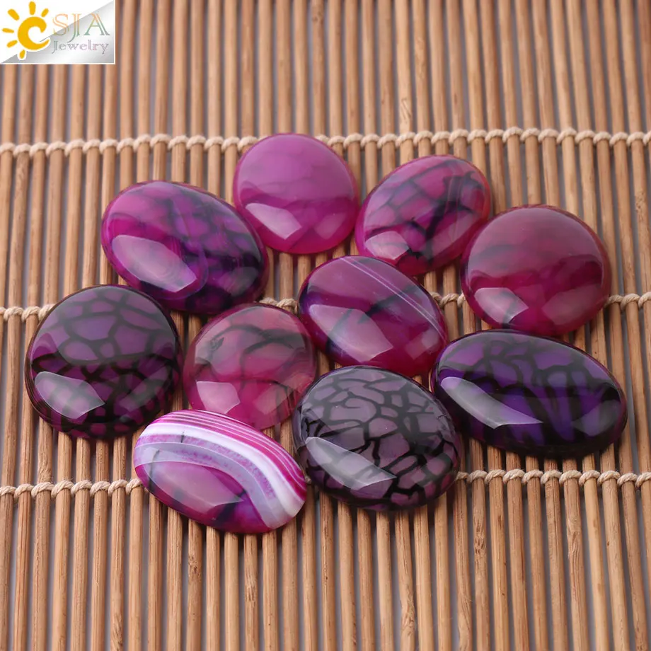 CSJA Natural Cabochon Stone Beads Rose Red Striped Agates Semi-Precious Oval CAB for DIY Handmade Jewelry Making Needlework F836