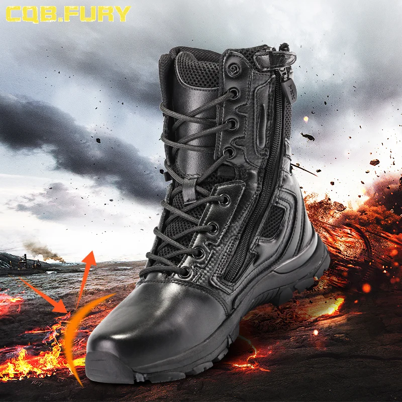 CQB.FURY Summer Men\'s Black Leather Tactical Boots Desert Cow Suede Combat Breathable Mesh Boots