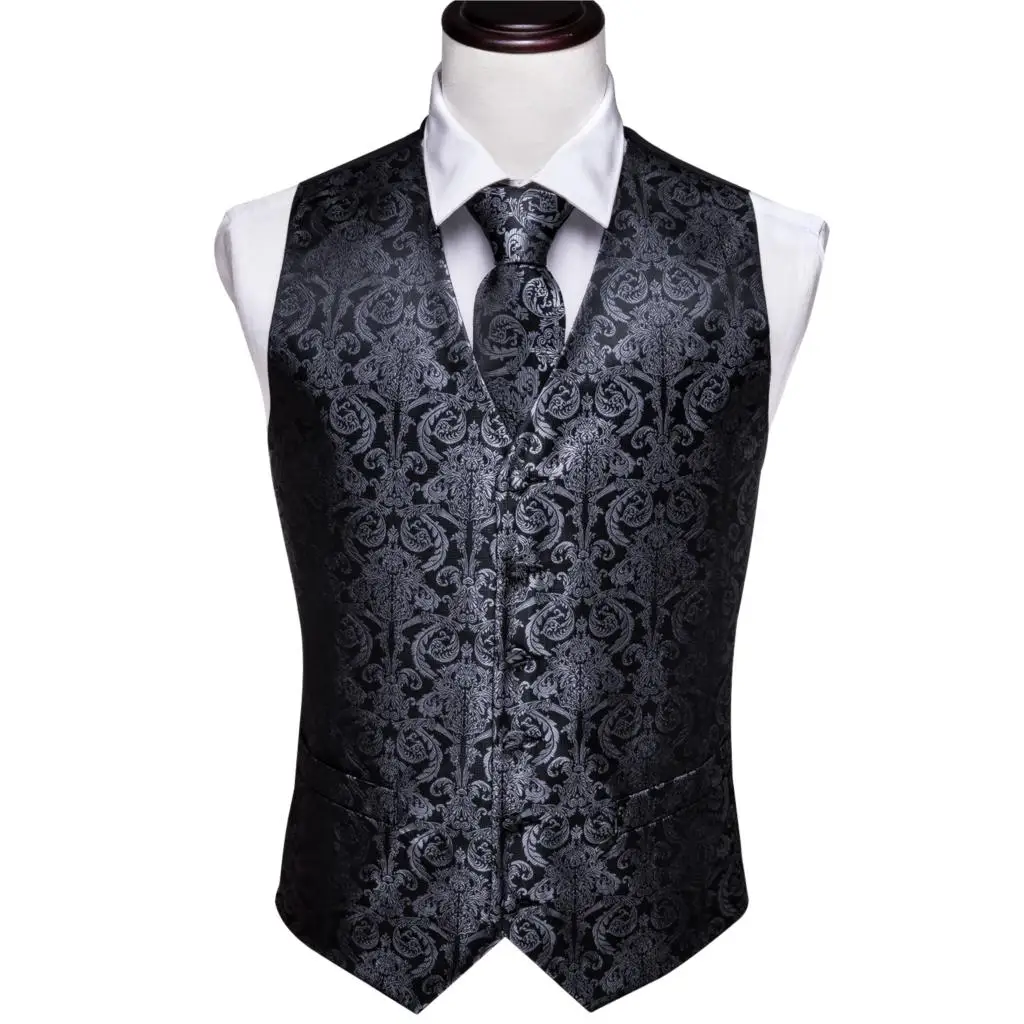 Designer Mens Classic Black Paisley Jacquard Folral Silk Waistcoat Vests Handkerchief Tie Vest Suit Pocket Square Set Barry.Wang