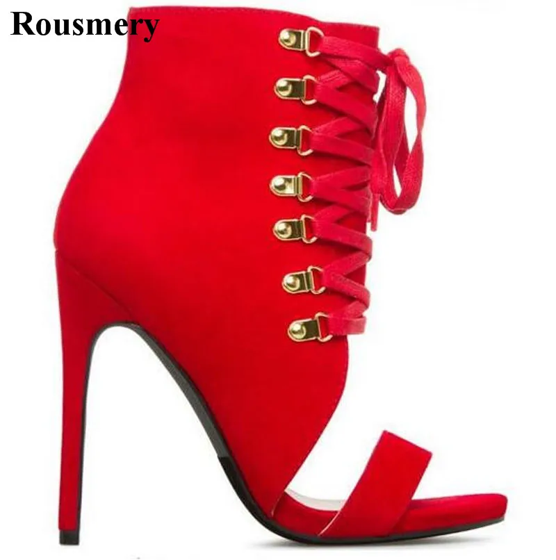 

Summer New Fashion Women Open Toe Suede Leather Ankle Wrap High Heel Sandals Lace-up Strap Design Gladiator Sandals Red Black