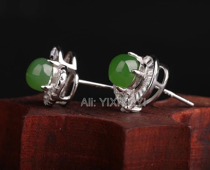 Beautiful 925 Silver Green HeTian Jade Round Beads Inlay Heart Stud Earrings Woman's Lucky Earring Ear Jewelry Certificate