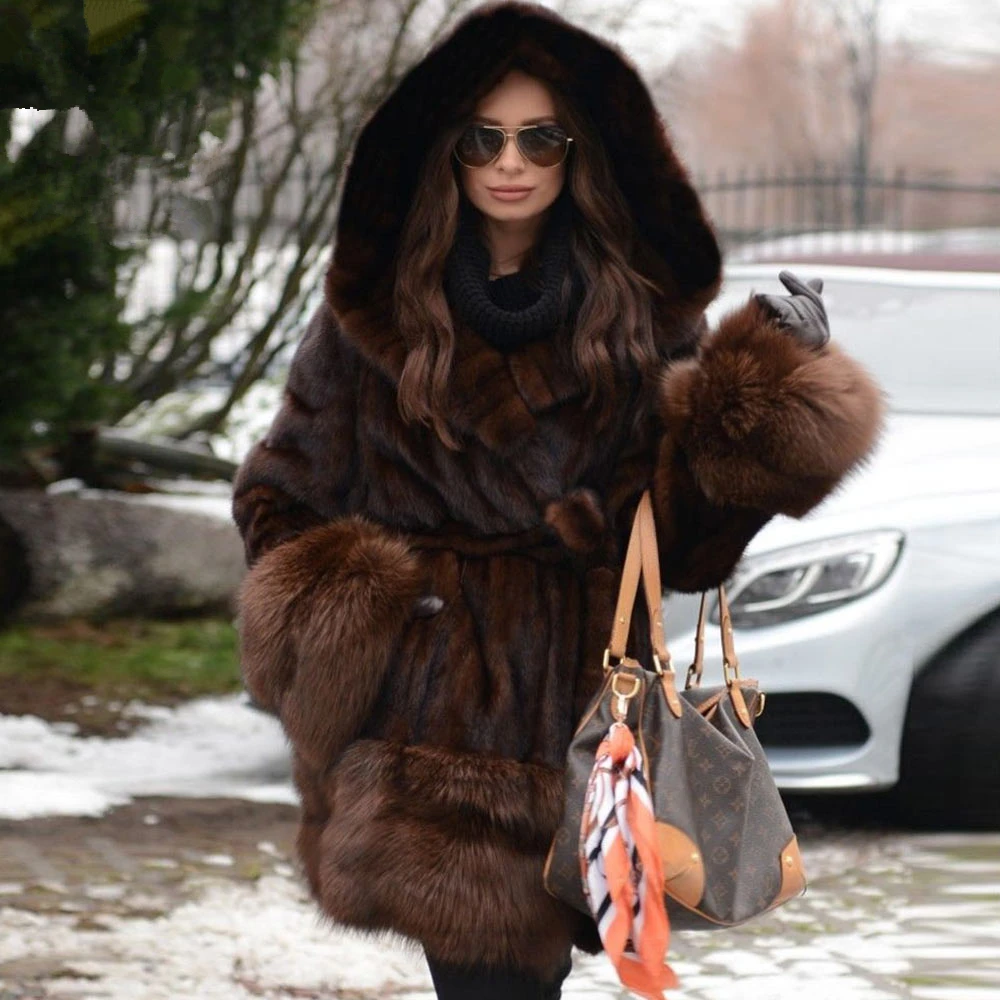 Topfur Winter Aangepaste Korte Echte Bontjas Vrouwen Natuurlijke Nertsen Bont Medium Jassen Met Riem Volledige Mouwen Jassen Met Bont kap