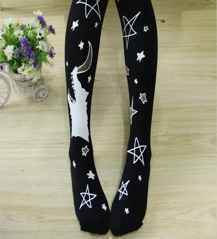 

Japanese Harajuku Spring Black and White Star & Moon Print Cosplay Stocking Tights Pantyhose