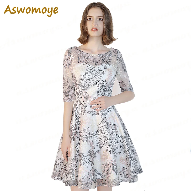 

Aswomoye Evening Dress 2018 New Stylish Appliques Evening Gown Party Dress Half Sleeve Sexy Illusion O-neck robe de soiree