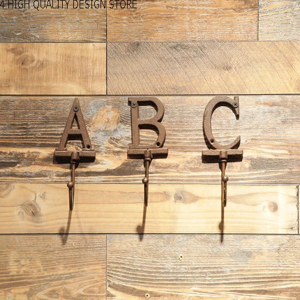 3CS Iron Alphabet Hanging Hooks Wooden Decorative Coat Hat Key Hanger Rack Vintage  Home Door Decor Wall Mounted A B C