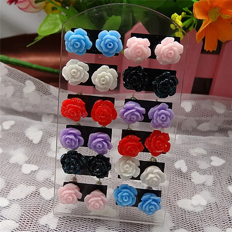 24PCS=12Pair Earring Pack Jewelry Mixed Lots Resin Rose Flower Stud Earrings Fluorescent Colors Of Roses Earrings For Women Gift