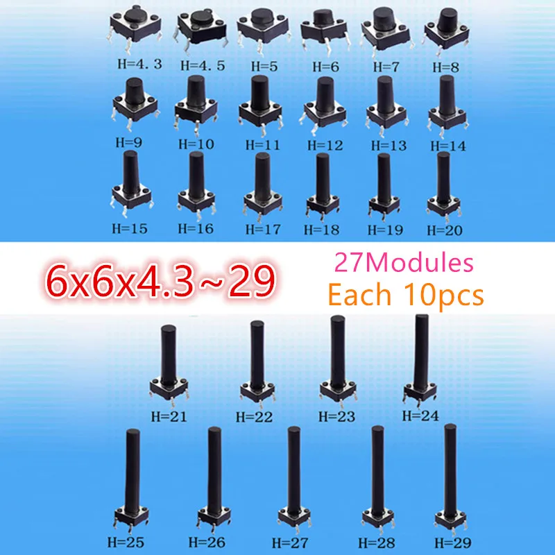 270pcs Assorted Micro Tactile Push Button Touch Tact Switch Kit 6x6x4.3~29 DIP 4 Pin Induction Cooker LCD Monitor Toy Repair 6*6