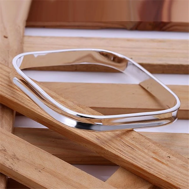 Gorgeous B053 Trendy S925 Sterling Silver Color Bracelet for Woman man Fashion Jewelry Small Square Bangle-no Words Avoajmva