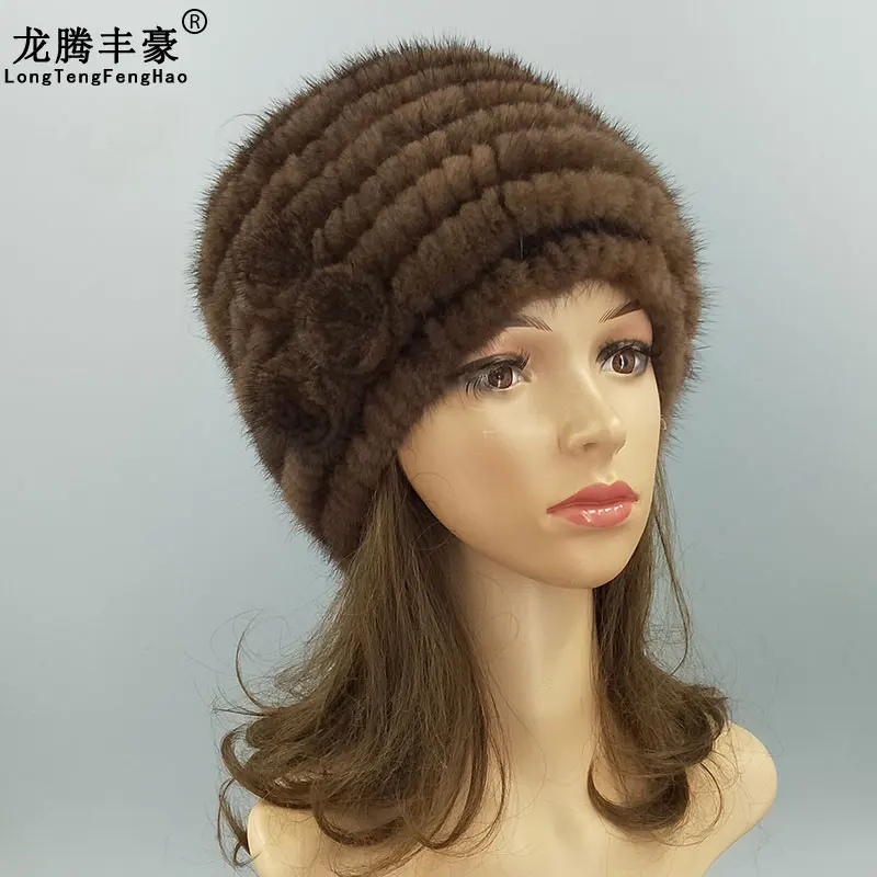 

Striped Knitting Cap Mink Fur Knitted Hats Female Beanies Natural Fur Russian Ushanka Hats Elastic Winter Warm Women Hats