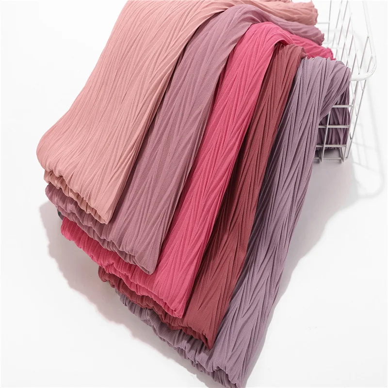 Women New Pleated Wrinkle Bubble Chiffon Scarf Shawls Muslim Crinkle Ripple Turban Wraps Sarves Plain Color Long Hijab 28 Color