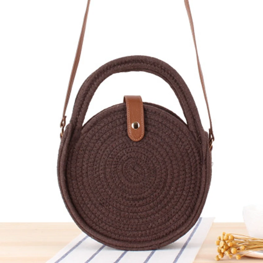 

College wind new round cotton rope shoulder woven bag portable straw bag small round cake slung women's casual beach bag