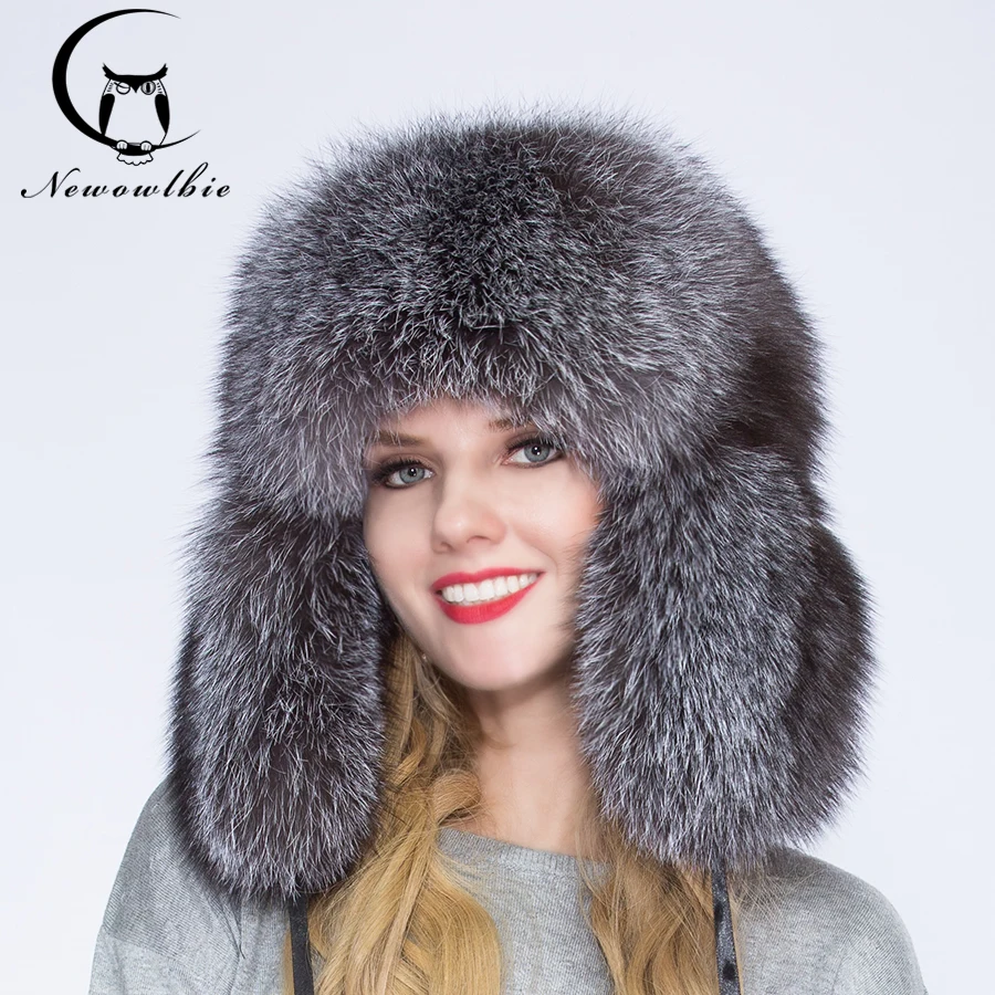 100% natural fox fur men and women winter hat, warm and comfortable, full of silver fox fur tyrant cap, ear cap